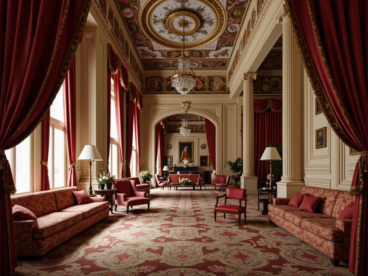 Prompt: Rich velvet fabrics, ornate golden embroidery, luxurious silk drapes, intricate marble patterns, ornamental fresco ceilings, grandiose crystal chandeliers, opulent furnishings, neoclassical columns, symmetrical archways, lavish moldings, elegant stucco walls, refined damask prints, subtle brocade textures, warm candlelight illumination, shallow depth of field, 1/2 composition, realistic reflections, ambient occlusion.Please let me know if this meets your expectations!