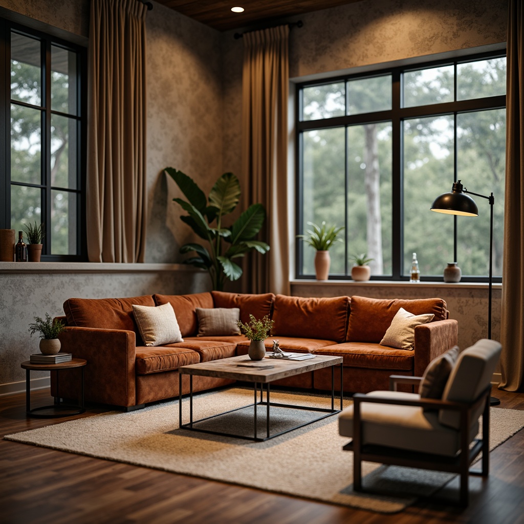 Prompt: Cozy living room, plush velvet sofa, reclaimed wood coffee table, minimalist metal legs, soft cushioned armchairs, warm beige rug, modern floor lamp, industrial chic decor, natural stone walls, large windows, elegant curtains, ambient lighting, shallow depth of field, 1/2 composition, realistic textures, atmospheric rendering.