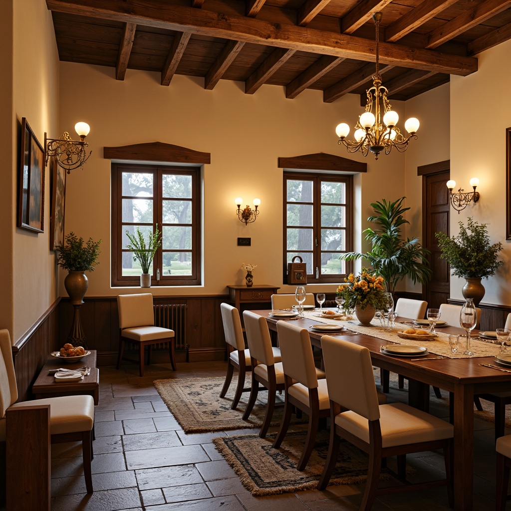 Prompt: Cozy dining room, warm beige walls, rich walnut wood furniture, soft cream upholstery, elegant gold accents, ornate chandeliers, rustic stone floors, natural fiber rugs, earthy terracotta vases, lush greenery, warm candlelight, intimate atmosphere, 1/2 composition, shallow depth of field, realistic textures, ambient occlusion.