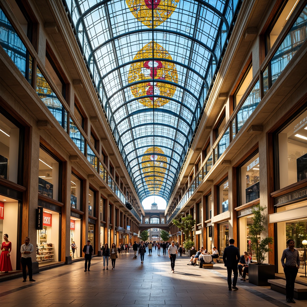 Prompt: Vibrant shopping mall, stunning stained glass ceiling, kaleidoscope colors, intricate designs, geometric patterns, ornate details, luxurious atmosphere, high-end retail stores, upscale fashion boutiques, elegant restaurants, modern architecture, sleek lines, natural light pouring in, soft warm glow, shallow depth of field, 1/1 composition, realistic textures, ambient occlusion.