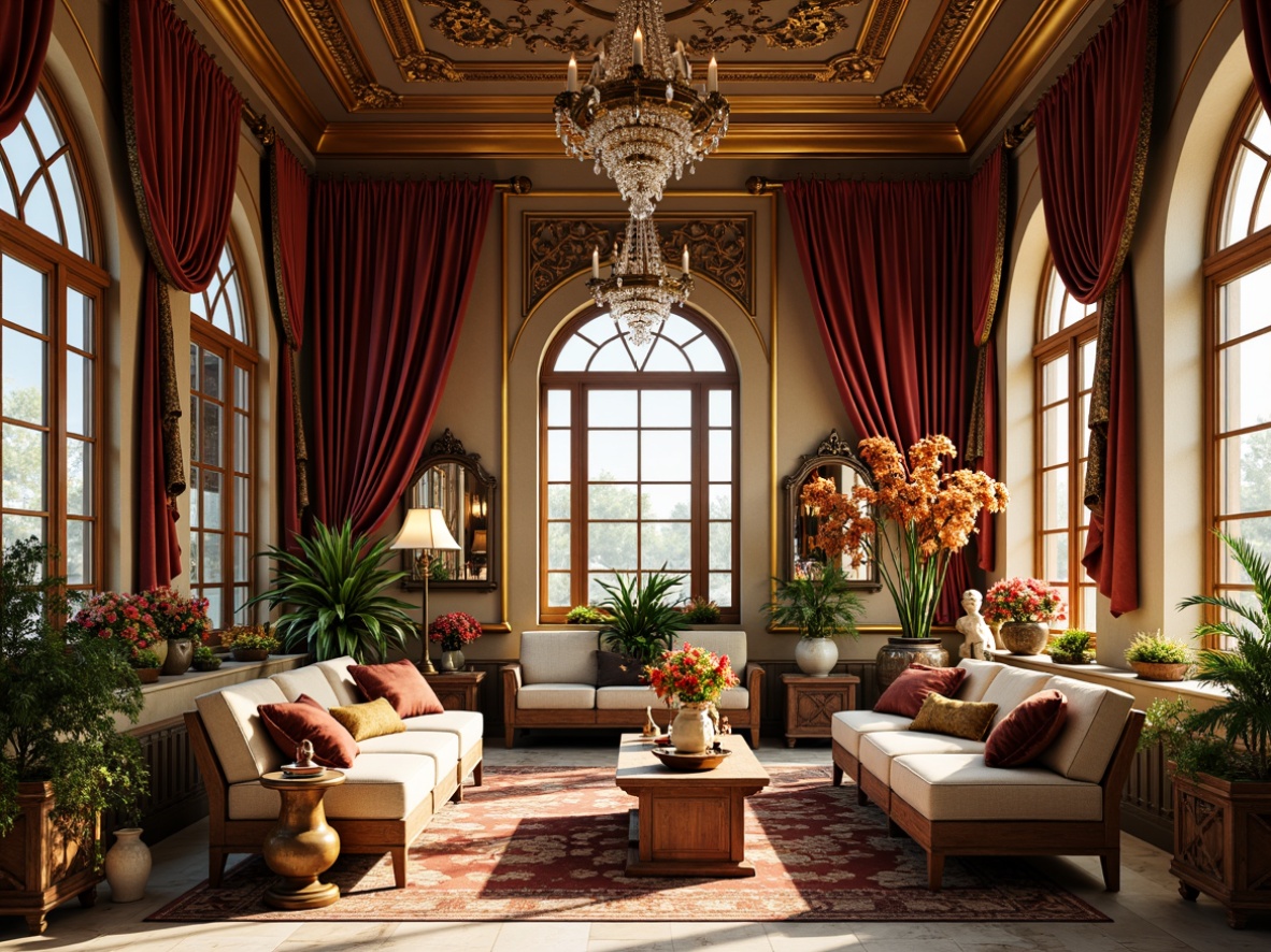 Prompt: Ornate sunroom, lavish furnishings, rich velvet drapes, intricately carved wooden accents, gilded frames, crystal chandeliers, marble floors, ornamental mirrors, luxurious textiles, warm golden lighting, soft focus, shallow depth of field, 2/3 composition, symmetrical arrangement, opulent decorative elements, lavish flower arrangements, statues, sculptures, Renaissance-inspired patterns, bold color contrasts.