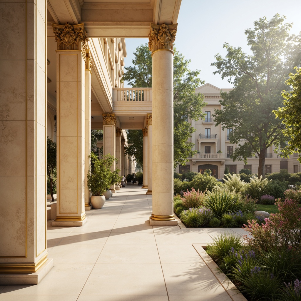 Prompt: Elegant neoclassical architecture, soft beige stone walls, ornate gold accents, subtle cream marble floors, grand columns, symmetrical facade, lush greenery, blooming flowers, warm sunny day, soft warm lighting, shallow depth of field, 3/4 composition, panoramic view, realistic textures, ambient occlusion.