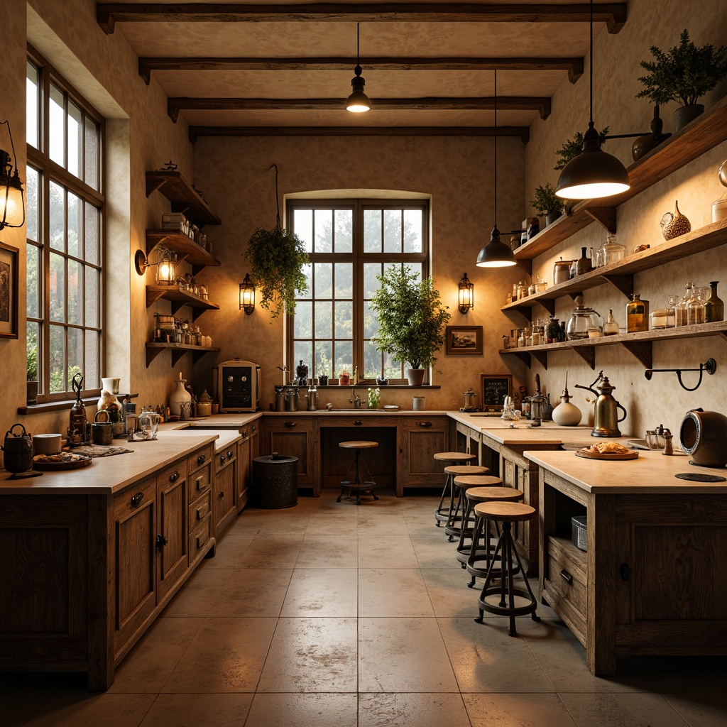 Prompt: Rustic laboratory, distressed wooden furniture, vintage scientific equipment, soft warm lighting, warm beige walls, cream-colored countertops, ornate metal fixtures, antique-inspired decorations, natural stone flooring, earthy tone colors, dimmable pendant lamps, metal lanterns, candles, warm-toned glassware, organic textures, shallow depth of field, 1/1 composition, realistic rendering, ambient occlusion.