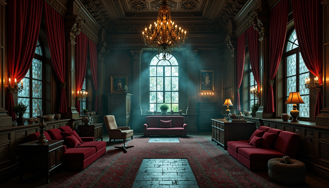 Prompt: Dark mysterious atmosphere, rich velvet fabrics, ornate wooden furnishings, grandiose chandeliers, stained glass windows, mysterious crypt-like ambiance, heavy drapery, luxurious jewel-toned colors, deep crimson reds, midnight blues, emerald greens, golden accents, intricate carvings, dramatic lighting, subtle misty effects, Baroque-inspired patterns, lavish textiles, ancient mystical symbols.