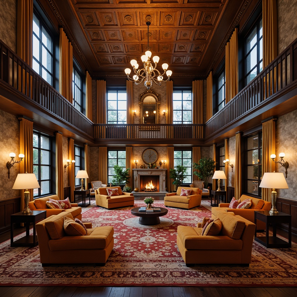 Prompt: Luxurious great room, plush velvet sofas, intricately patterned rugs, richly textured walls, ornate wooden furniture, majestic stone fireplaces, grand chandeliers, warm ambient lighting, cozy reading nooks, lavish drapery, soft golden fabrics, sumptuous throw pillows, elegant floor lamps, sophisticated color palette, refined interior design, inviting atmosphere.