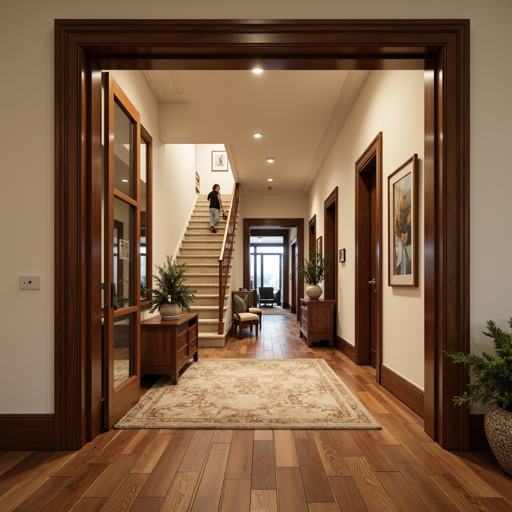 Prompt: Luxurious entrance hall, warm wood tones, rich walnut flooring, elegant wooden panels, ornate door frames, sophisticated staircases, creamy white walls, refined furniture pieces, subtle ambient lighting, shallow depth of field, 1/1 composition, realistic textures, rustic wood accents, natural materials, earthy color palette, inviting atmosphere.