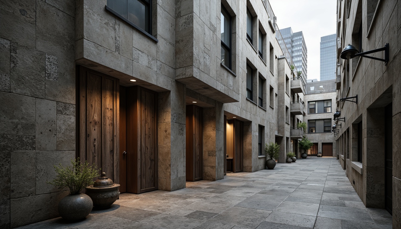 Prompt: Rugged brutalist building, exposed concrete walls, rough-hewn stone textures, industrial metal accents, weathered wooden planks, distressed finishes, raw poured concrete floors, minimalist decor, dramatic lighting, atmospheric shadows, low-angle photography, cinematic composition, high-contrast ratio, bold geometric shapes, monolithic structures, fortress-like fa\u00e7ades, urban cityscape, overcast skies, moody atmosphere.