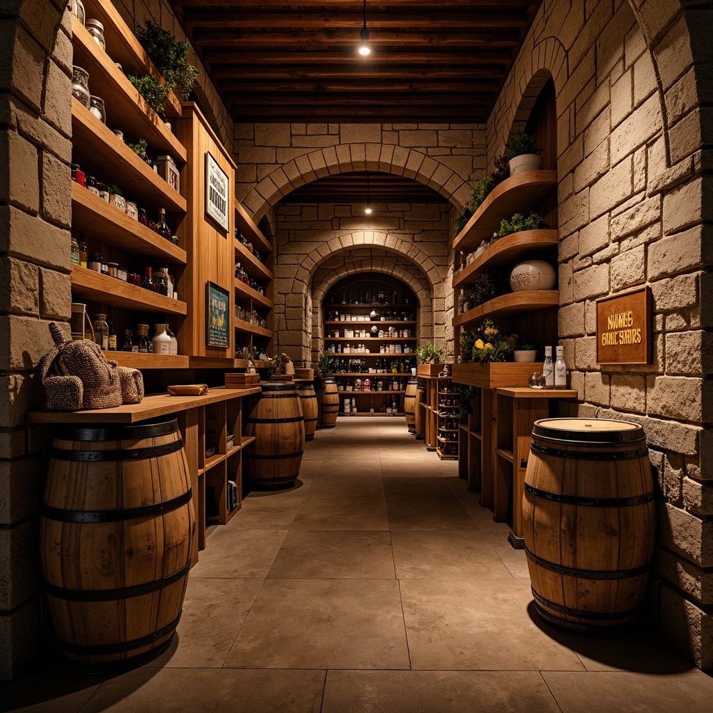 Prompt: Rustic wine cellar, wooden shelving units, reclaimed oak wood, stone walls, dim warm lighting, earthy tones, vintage wine barrels, wrought iron accents, natural brick arches, rich leather textures, classic wooden crates, decorative metalwork, handcrafted wooden signs, cozy nooks, soft golden glow, 1/2 composition, shallow depth of field, realistic wood grain, subtle ambient occlusion.