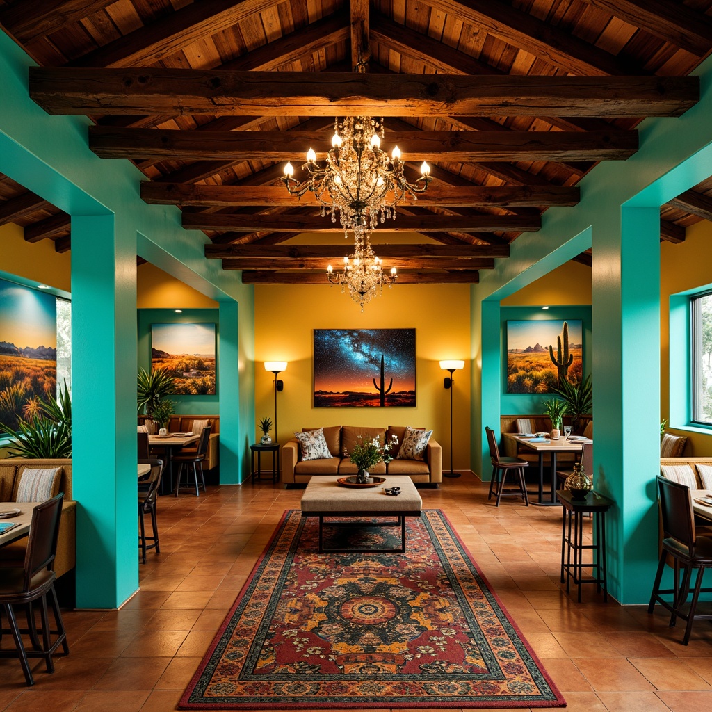 Prompt: Vibrant turquoise accents, warm golden lighting, rustic wooden ceiling beams, ornate metal chandeliers, dramatic floor lamps, colorful tile work, patterned rugs, desert-inspired landscape murals, cactus silhouettes, starry night sky projections, soft warm glow, cozy ambient illumination, 3/4 composition, shallow depth of field, realistic textures.