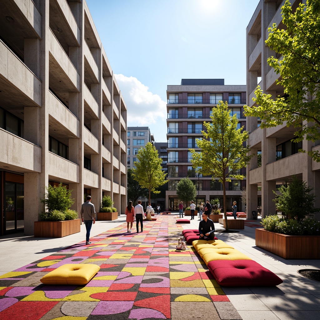 Prompt: Vibrant campus plaza, eclectic textile patterns, bold colorful fabrics, modern university buildings, brutalist architecture, concrete structures, industrial chic aesthetic, urban cityscape, sunny afternoon, warm soft lighting, shallow depth of field, 3/4 composition, realistic textures, ambient occlusion, plush throw pillows, geometric-shaped planters, abstract art installations, reclaimed wood accents, minimalist benches, educational signage, pedestrian walkways, bike racks, sustainable landscaping.