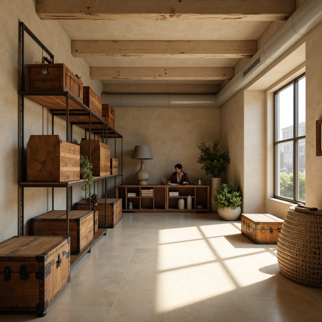 Prompt: Cozy storage room, warm beige walls, soft creamy floors, industrial metal shelves, wooden crates, vintage trunks, earthy brown accents, calming natural light, warm white tones, rustic textures, distressed wood finishes, minimalist decor, functional storage solutions, overhead lighting, 3/4 composition, shallow depth of field, realistic renderings.