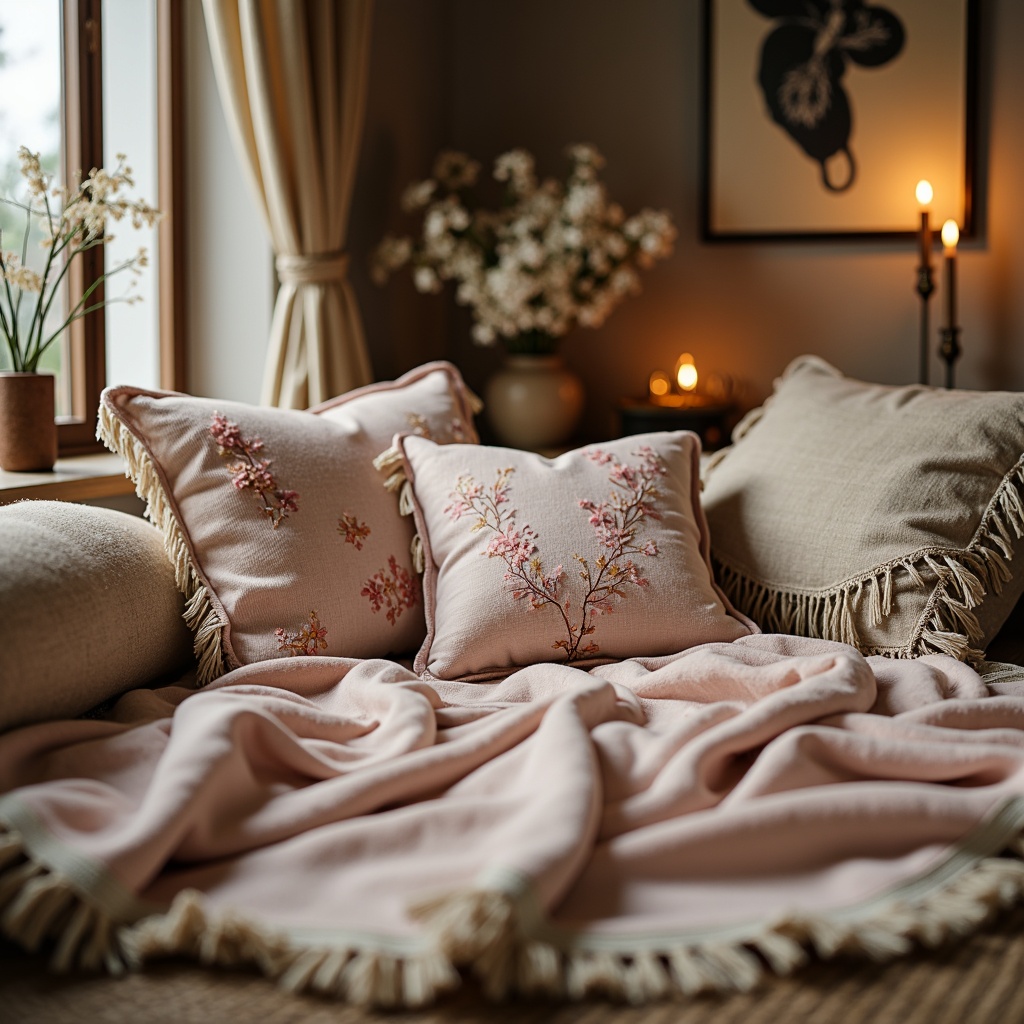 Prompt: Distressed velvet fabrics, soft pastel hues, romantic florals, lace trimmings, vintage-inspired patterns, linen upholstery, rustic wooden accents, warm beige tones, plush area rugs, natural fiber textures, candlelit ambiance, warm golden lighting, shallow depth of field, 1/2 composition, intimate close-ups, realistic fabric simulations.