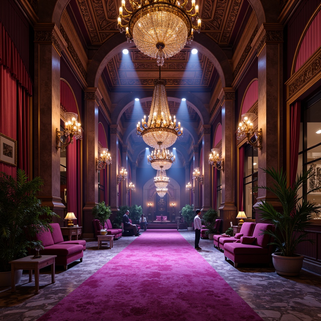 Prompt: Rich velvet fabrics, ornate gold accents, polished marble surfaces, intricate wood carvings, lavish crystal chandeliers, majestic stone columns, regal purple hues, opulent bronze details, grandiose archways, luxurious silk textiles, dramatic spotlights, warm candlelight, 3/4 composition, low-angle shot, cinematic atmosphere, detailed ornaments, realistic reflections.