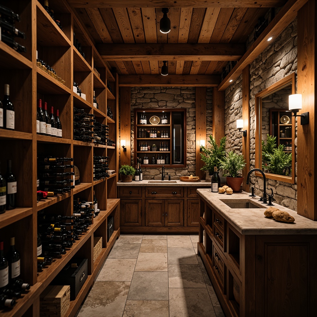 Prompt: Rustic wine cellar, craftsman style, wooden wine racks, dark wood tones, ornate metalwork, distressed finishes, vintage lighting fixtures, stone walls, earthy color palette, natural textures, dim warm ambiance, soft focus, shallow depth of field, 1/1 composition, realistic renderings, ambient occlusion.