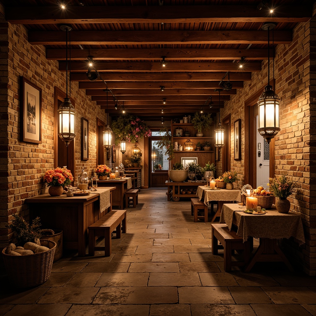 Prompt: Warm traditional market interior, rustic wooden beams, distressed brick walls, ornate metal lanterns, warm soft lighting, pendant lamps, candlelit tables, cozy atmospheric ambiance, vintage decorative elements, earthy color palette, natural stone flooring, woven textiles, plush furnishings, classic architectural details, subtle shadows, 1/1 composition, realistic textures, ambient occlusion.