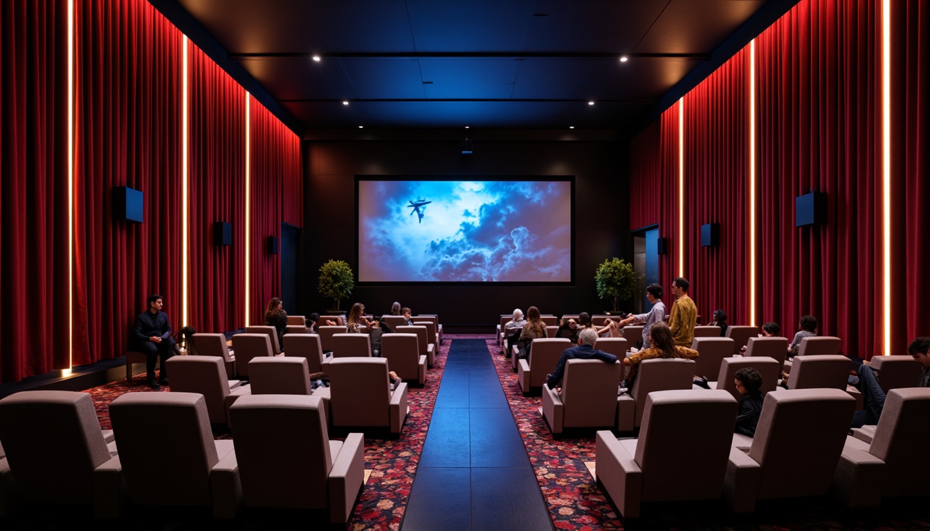 Prompt: Luxurious cinema interior, rich velvet curtains, plush recliner seats, dark wood accents, metallic trimmings, ambient LED lighting, soft warm glow, deep blue hues, rich gold tones, bold red highlights, sleek minimalist design, state-of-the-art sound systems, massive screens, cinematic atmosphere, intimate setting, dramatic spotlighting, 1/1 composition, high contrast ratio, realistic textures, subtle noise reduction.