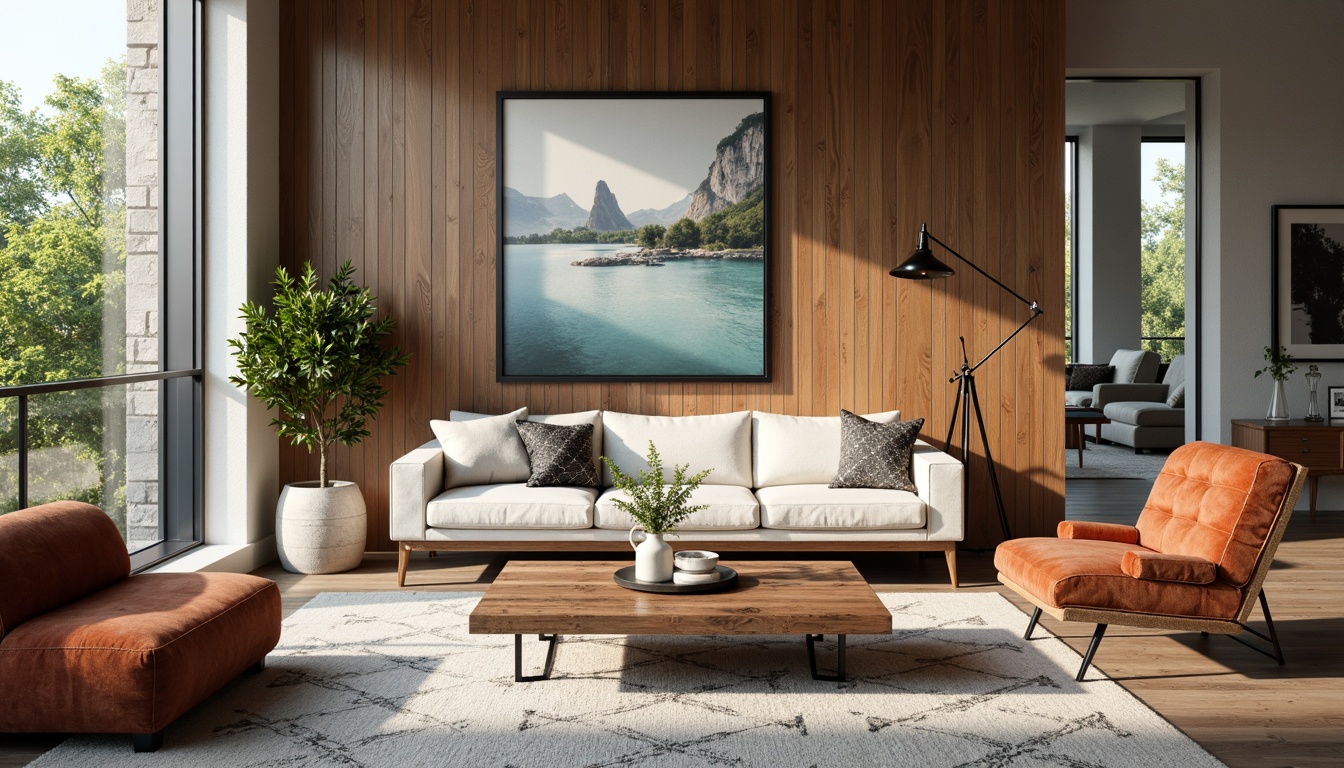 Prompt: Mid-century modern living room, sleek low-profile sofa, tufted velvet armchair, reclaimed wood coffee table, industrial metal legs, geometric patterned rug, minimalist decor, natural stone walls, floor-to-ceiling windows, abundant sunlight, soft warm lighting, 3/4 composition, realistic textures, ambient occlusion.