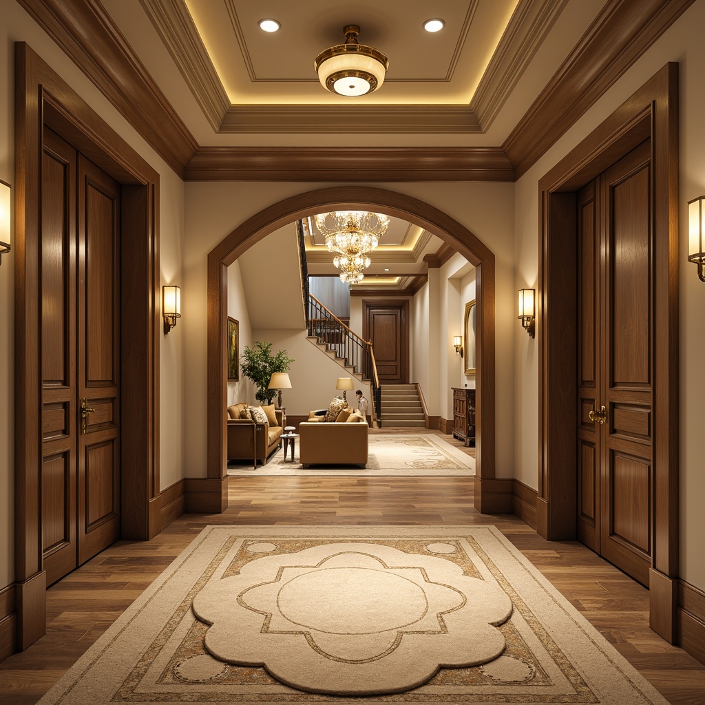 Prompt: Grand entrance, ornate doors, polished brass hardware, warm beige walls, rich wood tones, luxurious furnishings, plush area rugs, sophisticated chandeliers, elegant staircases, subtle cream accents, soft golden lighting, inviting atmosphere, shallow depth of field, 1/2 composition, realistic textures, ambient occlusion.