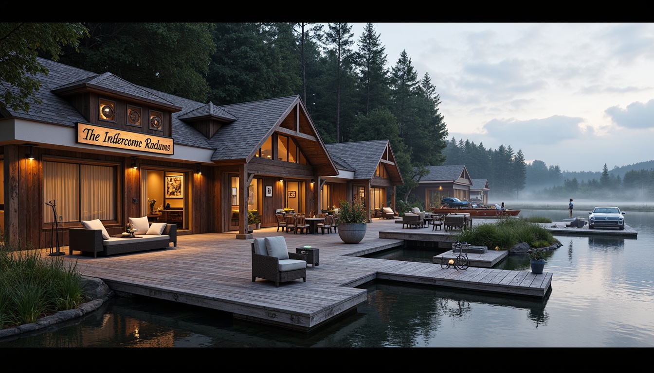 Prompt: Waterfront boathouse, nautical theme, rustic wooden docks, vintage boat displays, distressed wood accents, cozy interior lighting, plush furnishings, natural stone fireplaces, panoramic lake views, misty morning atmosphere, soft warm glow, shallow depth of field, 1/2 composition, realistic water reflections, ambient occlusion.