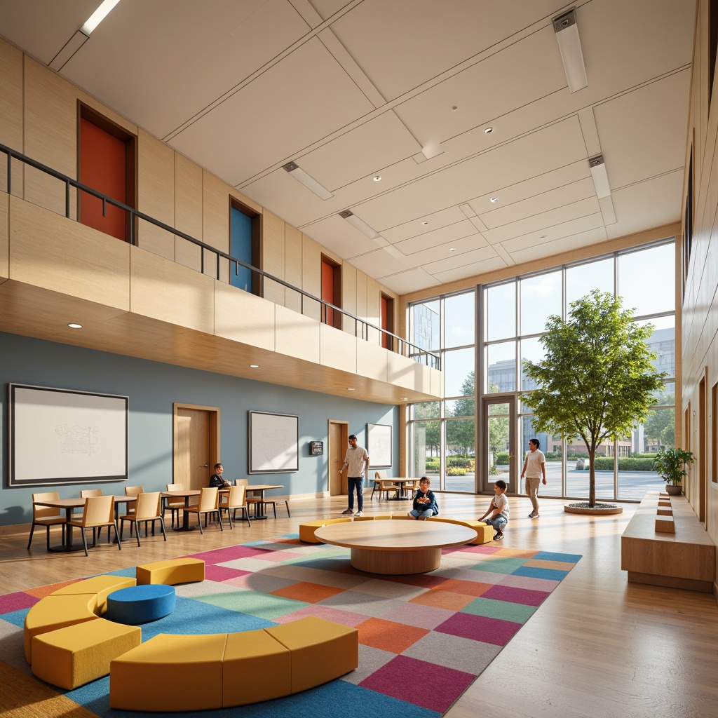 Prompt: Vibrant elementary school interior, streamline moderne style, curved wooden benches, colorful modular furniture, geometric patterned rugs, minimalist desks, ergonomic chairs, interactive whiteboards, collaborative learning spaces, natural light-filled classrooms, floor-to-ceiling windows, sliding glass doors, modern LED lighting, warm beige walls, soft pastel colors, playful decorative accents, dynamic spatial layout, 1/1 composition, shallow depth of field, realistic textures, ambient occlusion.