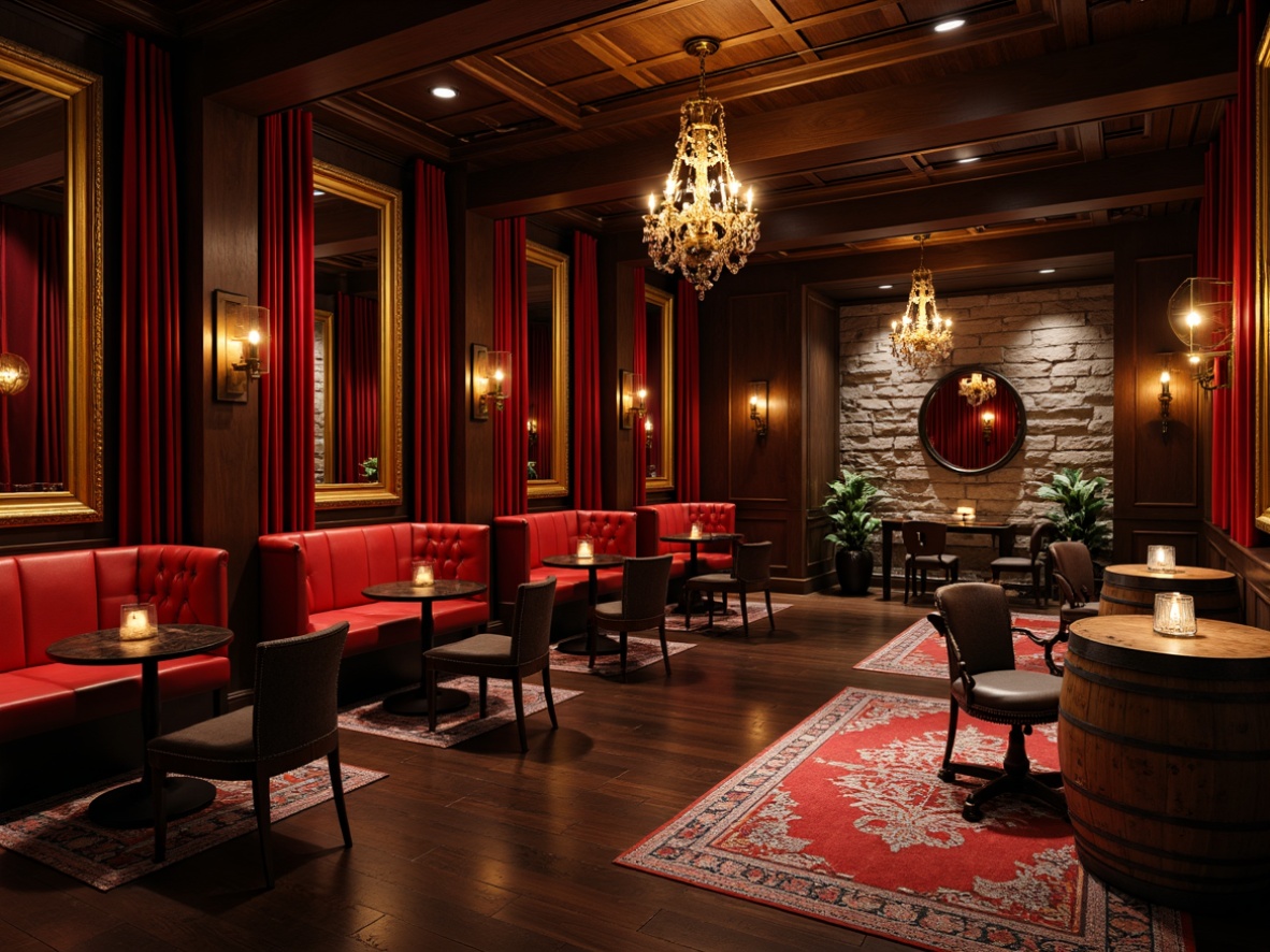 Prompt: Dark wooden floors, rich velvet drapes, ornate gold mirrors, luxurious leather sofas, vintage whiskey barrels, rustic stone walls, dim red lighting, intimate private booths, circular VIP tables, elegant chandeliers, antique decorative artifacts, lavish patterned rugs, warm earthy tones, cozy corner seating areas, elevated DJ stages, dynamic strobe lights, fog machines, 3/4 composition, shallow depth of field, cinematic atmosphere.