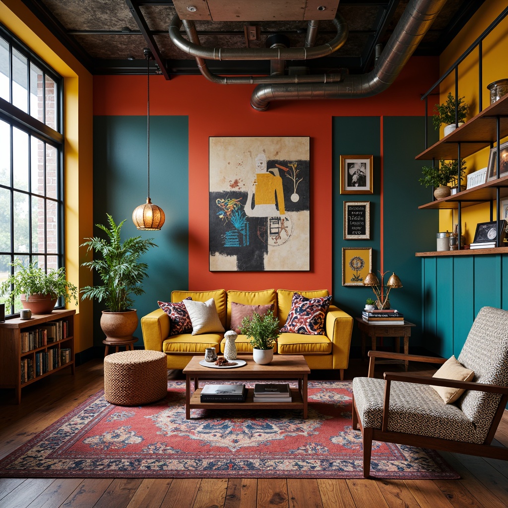 Prompt: Vibrant color-blocking walls, eclectic mix of vintage and modern furniture, bold geometric patterns, ornate metallic accents, playful use of textiles, oversized abstract artwork, statement lighting fixtures, asymmetrical shelving units, distressed wood flooring, plush area rugs, whimsical decorative accessories, retro-inspired appliances, industrial-chic metal beams, exposed ductwork, bold typography prints, neon signage, moody atmospheric lighting, shallow depth of field, 2/3 composition, realistic textures.