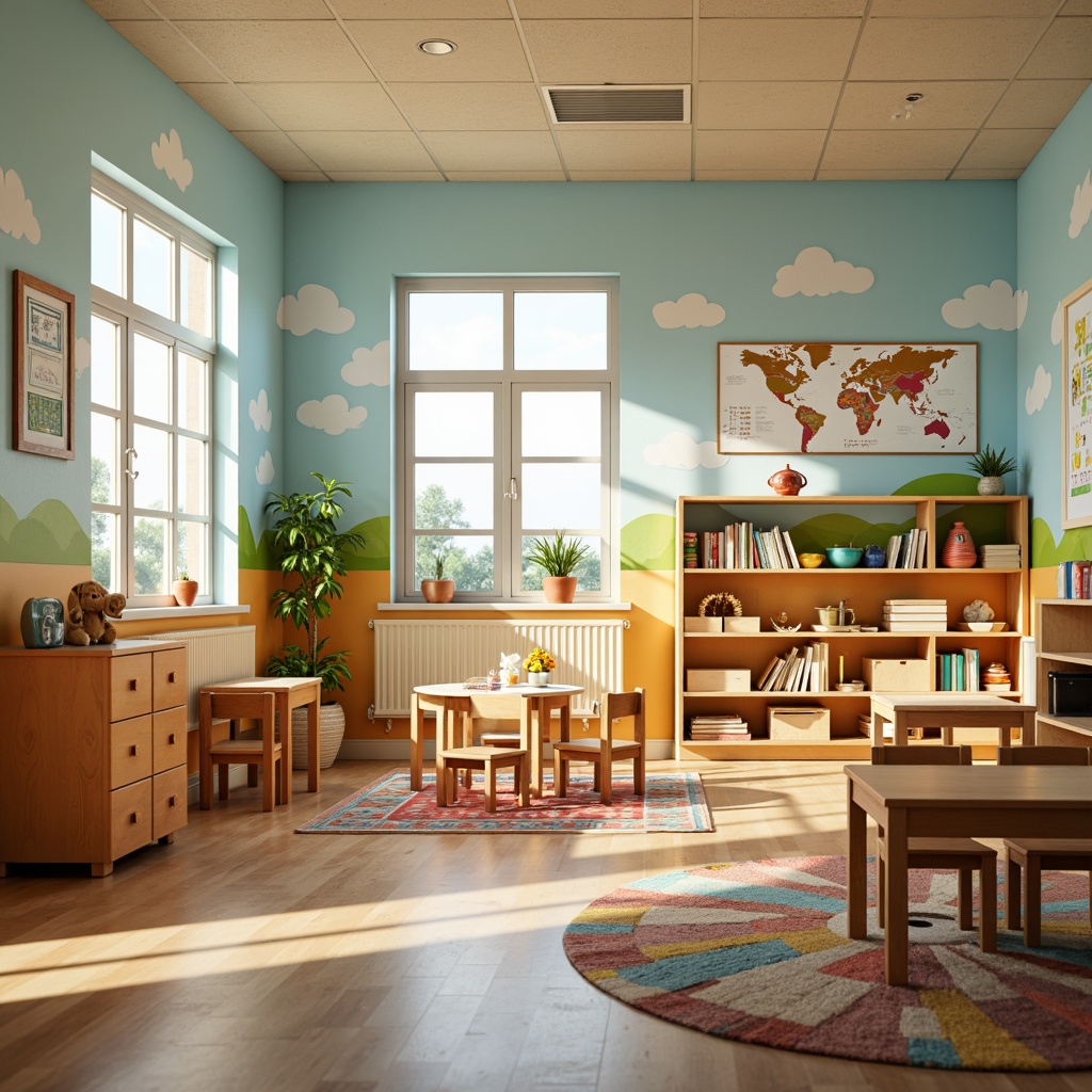 Prompt: Vibrant kindergarten classroom, playful children's furniture, bright primary colors, soft pastel hues, cheerful polka dots, whimsical wall murals, educational posters, rounded corners, wooden tables, tiny chairs, colorful rugs, natural light, warm afternoon sunbeams, gentle shadows, 1/2 composition, intimate atmosphere, inviting textures, subtle gradient effects.