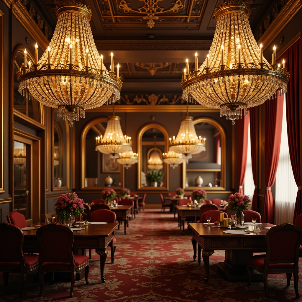 Prompt: Ornate chandeliers, golden metalwork, crystal droplets, grand ballrooms, luxurious furnishings, velvet drapes, Baroque-inspired architecture, intricate carvings, gilded mirrors, lavish decorations, soft warm glow, dramatic shadows, high contrast lighting, 1/2 composition, close-up shot, detailed textures, ambient occlusion.