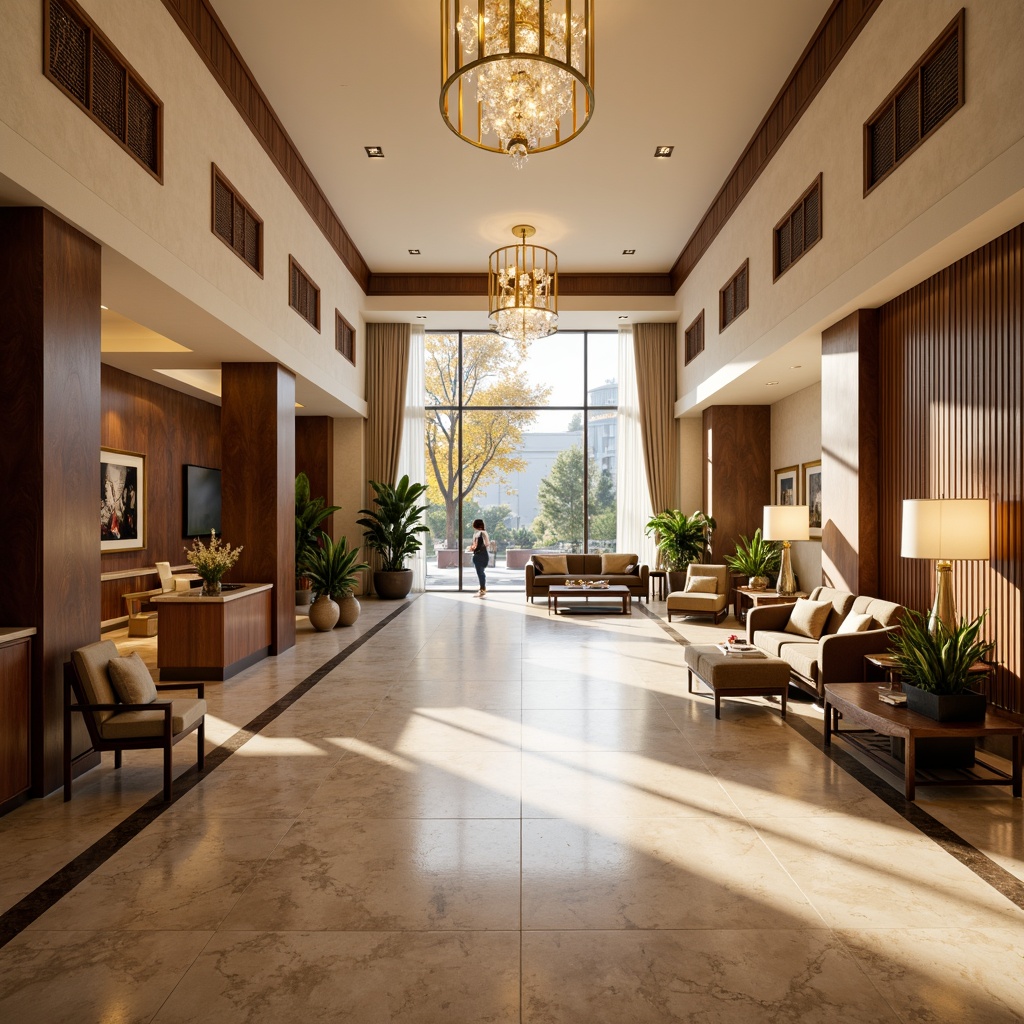 Prompt: Luxurious hotel lobby, warm beige marble floors, rich walnut wood accents, plush velvet furniture, golden metallic details, soft cream-colored walls, elegant chandeliers, subtle texture contrasts, inviting ambiance, natural light pouring through floor-to-ceiling windows, subtle gradient effects, warm neutral tones, earthy undertones, sophisticated color harmony, 1/1 composition, atmospheric lighting, high-end materials, refined elegance, serene atmosphere.