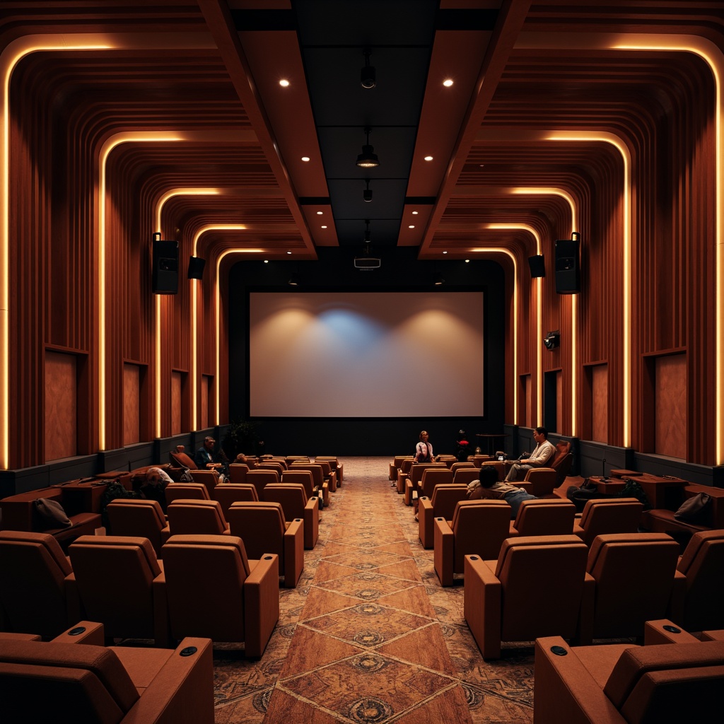 Prompt: Luxurious cinema interior, modern auditorium seating, premium sound systems, curved screen, optimal screen placement, cinematic lighting design, dramatic ceiling heights, plush carpeting, rich wood accents, sleek metal trim, comfortable lounge chairs, intimate screening rooms, state-of-the-art projection technology, high-contrast ratios, immersive viewing experiences, 1/1 composition, shallow depth of field, soft warm lighting, realistic textures, ambient occlusion.