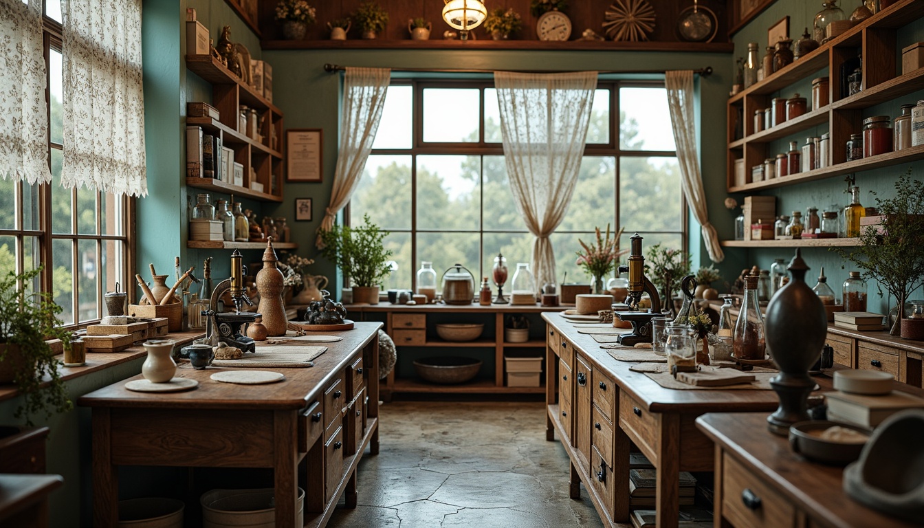 Prompt: Vintage laboratory setting, distressed wooden workbenches, ornate metal equipment, soft pastel colors, lace curtains, floral patterns, worn leather-bound books, antique microscopes, rustic metal shelves, vintage apothecary jars, soft warm lighting, shallow depth of field, 3/4 composition, romantic ambiance, intricate textile details, embroidered fabrics, ruffled trims, ornate furniture legs, elegant script fonts, muted color palette, natural stone flooring, aged wooden cabinets.