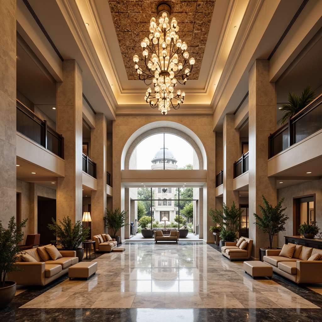 Prompt: Luxurious hotel lobby, grand chandelier, marble flooring, comfortable seating areas, warm ambiance, natural stone walls, elegant furnishings, sophisticated lighting fixtures, spacious open layout, minimal partitions, airy atmosphere, soft background music, subtle scenting, 3/4 composition, symmetrical balance, panoramic view, realistic textures, ambient occlusion, inviting color palette.