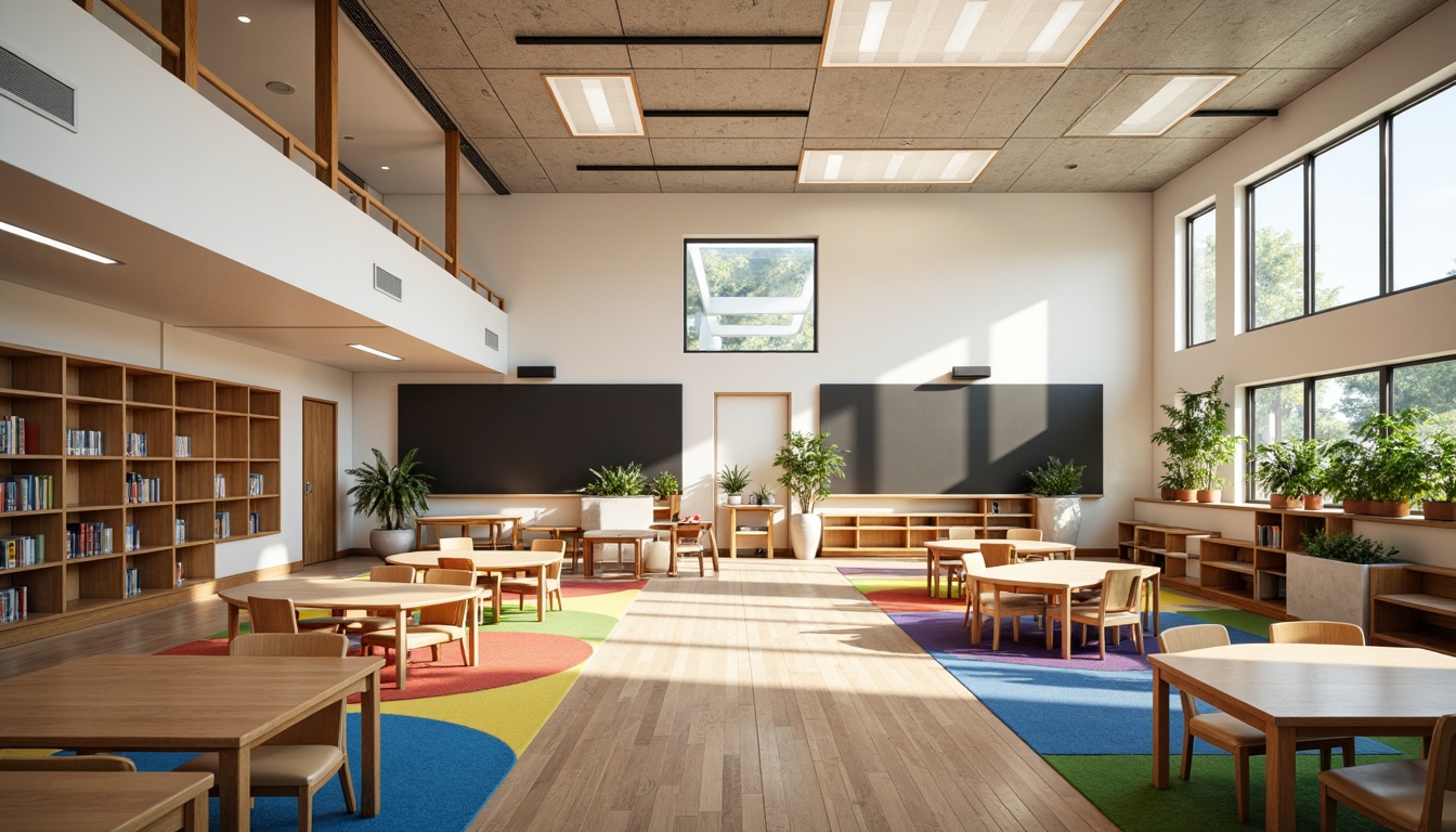 Prompt: Vibrant elementary school interior, streamlined modern furniture, curvaceous wooden desks, colorful ergonomic chairs, playful geometric rugs, minimalist blackboards, sleek metal shelving units, abundant natural light, clerestory windows, soft warm lighting, shallow depth of field, 3/4 composition, panoramic view, realistic textures, ambient occlusion.