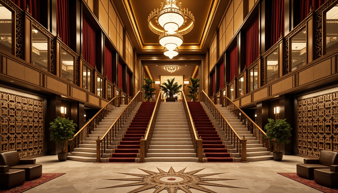 Prompt: Luxurious Art Deco interior, opulent geometric patterns, metallic accents, ornate mirrors, crystal chandeliers, velvet drapes, polished marble floors, intricate inlays, gilded details, lavish textiles, bold color schemes, sunburst motifs, zigzag lines, ornamental ironwork, grand staircases, majestic columns, cinematic lighting, warm golden tones, rich jewel-toned hues, metallic sheen, high-contrast shading, 1/2 composition, detailed ornaments, realistic reflections.