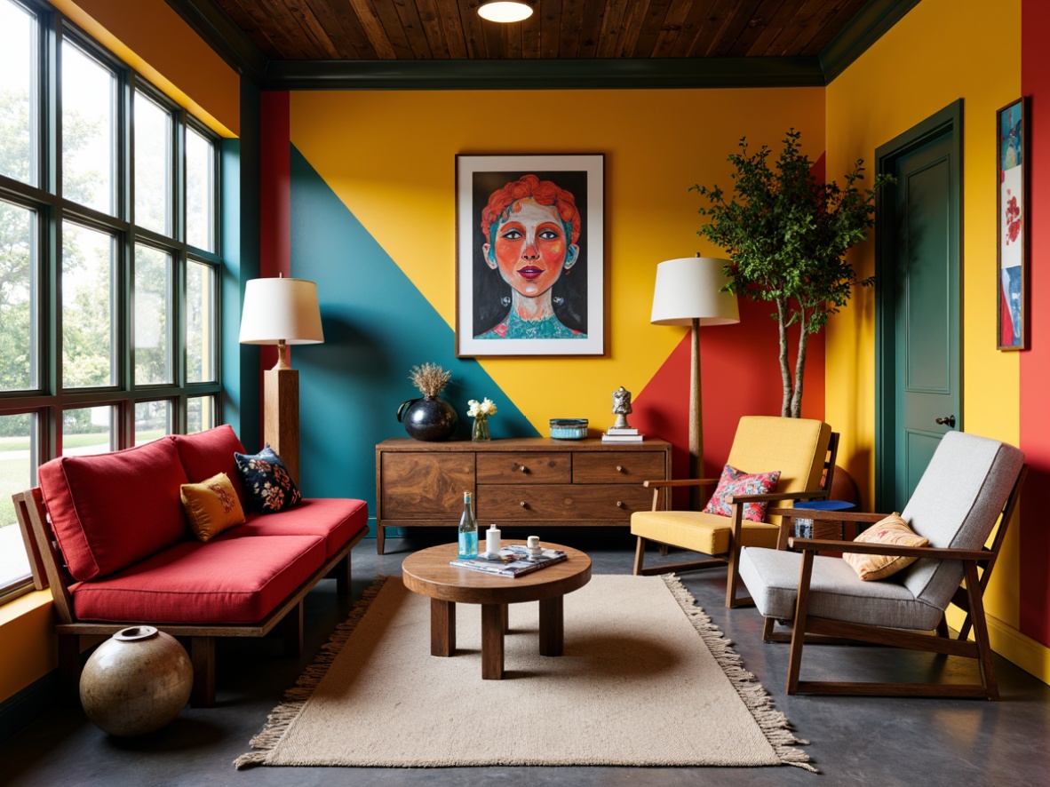 Prompt: Vibrant mudroom, eclectic furniture arrangement, postmodernist style, bold color blocking, playful geometric patterns, mismatched chairs, oversized lamps, distressed wood accents, industrial metal frames, abstract artwork, quirky decorative objects, natural fiber rugs, warm ambient lighting, shallow depth of field, 1/1 composition, realistic textures, subtle camera movements.