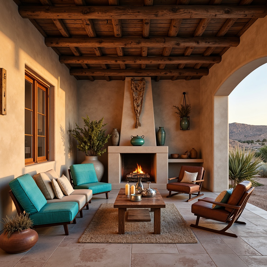 Prompt: Adobe earth tones, rough-hewn wooden accents, rustic metal details, sandy beige stucco, terracotta pottery, woven textiles, vibrant turquoise hues, natural stone flooring, reclaimed wood beams, distressed leather upholstery, warm candlelight, soft desert sunset, shallow depth of field, 2/3 composition, atmospheric perspective, realistic weathering effects.