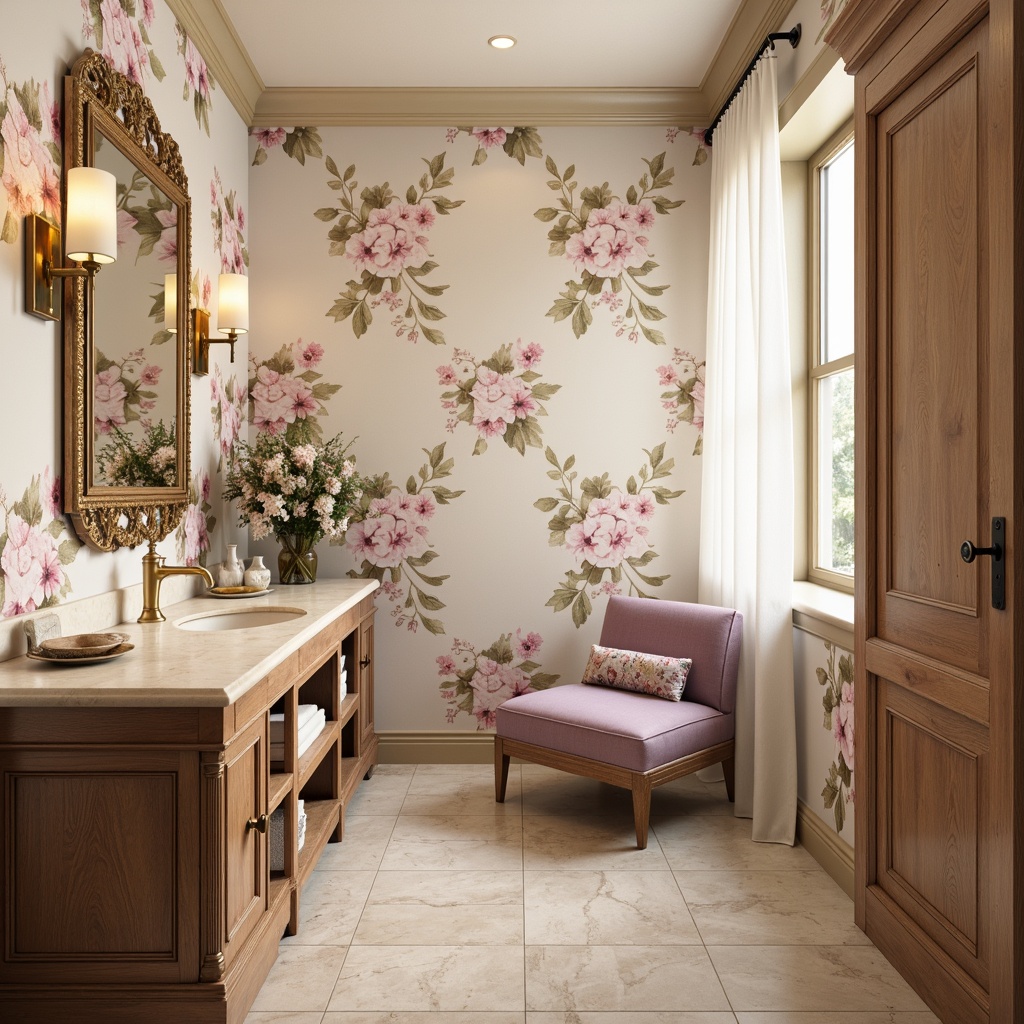 Prompt: Soft feminine powder room, delicate floral patterns, warm beige walls, creamy marble countertops, elegant gold fixtures, luxurious velvet fabrics, subtle lavender accents, rich wood cabinetry, ornate mirrors, crystal chandeliers, natural stone flooring, soft diffused lighting, shallow depth of field, 1/1 composition, realistic textures, ambient occlusion.