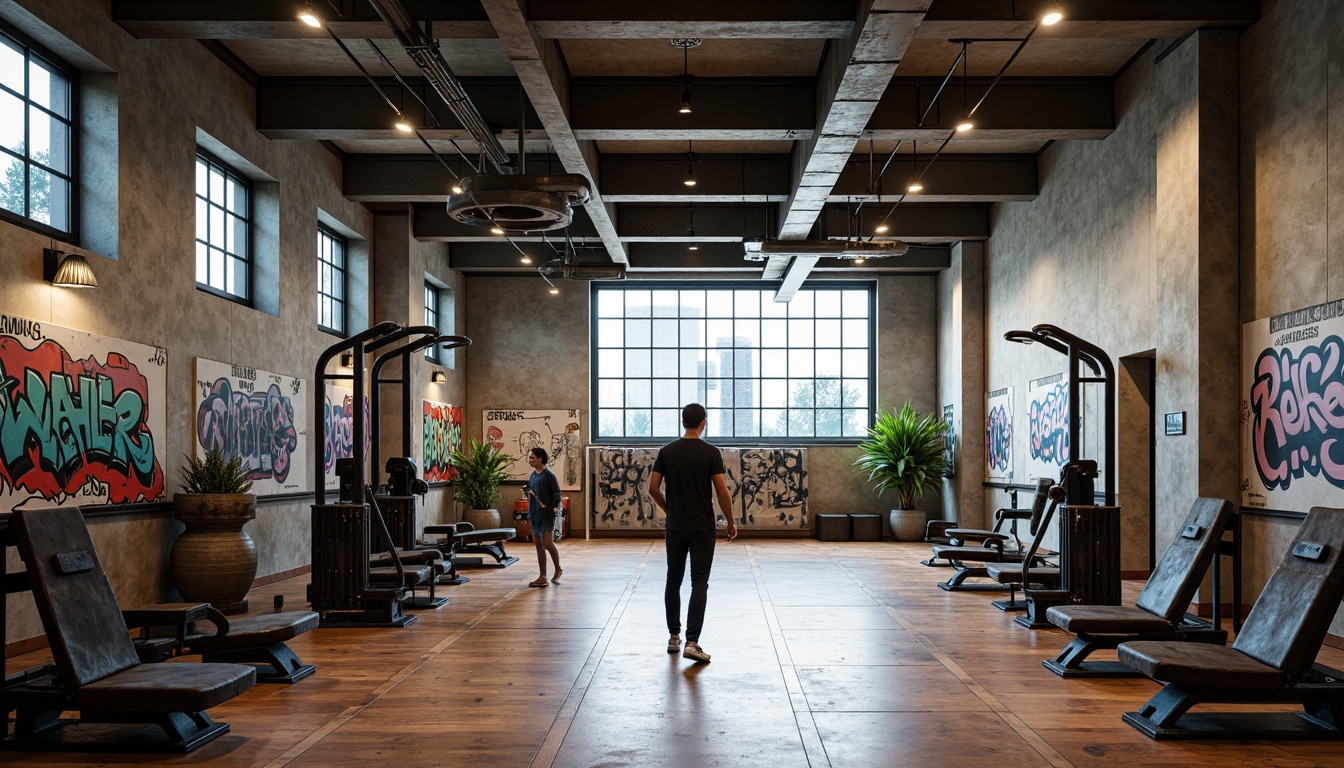 Prompt: Industrial-style gymnasium interior, exposed concrete walls, raw steel beams, polished wooden floors, brutalist architectural features, minimalist lighting fixtures, industrial-grade exercise equipment, heavy-duty metal frames, distressed leather upholstery, rugged textile accents, urban graffiti-inspired murals, bold color blocking, high-contrast lighting, dramatic shadows, 1-point perspective composition, realistic material textures, ambient occlusion.