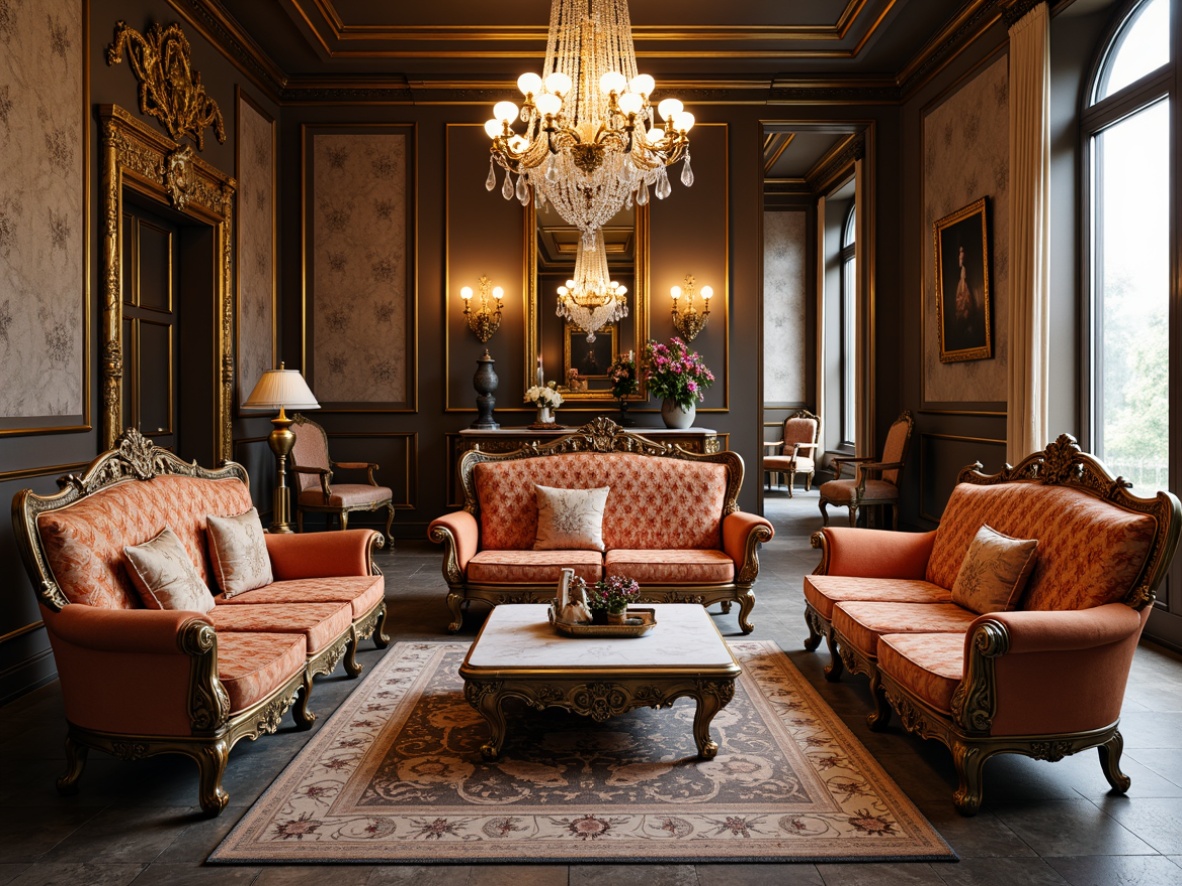 Prompt: Ornate Rococo-style furniture, curved silhouettes, gilded accents, velvet upholstery, intricate carvings, luxurious fabrics, baroque patterns, golden leaf details, marble surfaces, crystal chandeliers, grandiose proportions, opulent textures, soft warm lighting, shallow depth of field, 3/4 composition, panoramic view, realistic reflections, ambient occlusion.