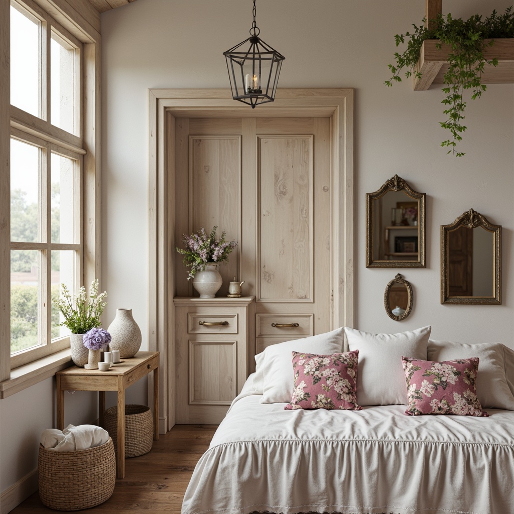 Prompt: Soft, feminine interiors, distressed finishes, vintage accents, pastel hues, gentle creams, whites, and ivories, warm beiges, blush pinks, lavender whispers, powder blue undertones, mossy greens, rustic wood tones, ornate mirrors, lace details, ruffled fabrics, floral patterns, natural textures, subtle sheen, romantic ambiance, warm candlelight, soft focus, 1/2 composition, intimate atmosphere.