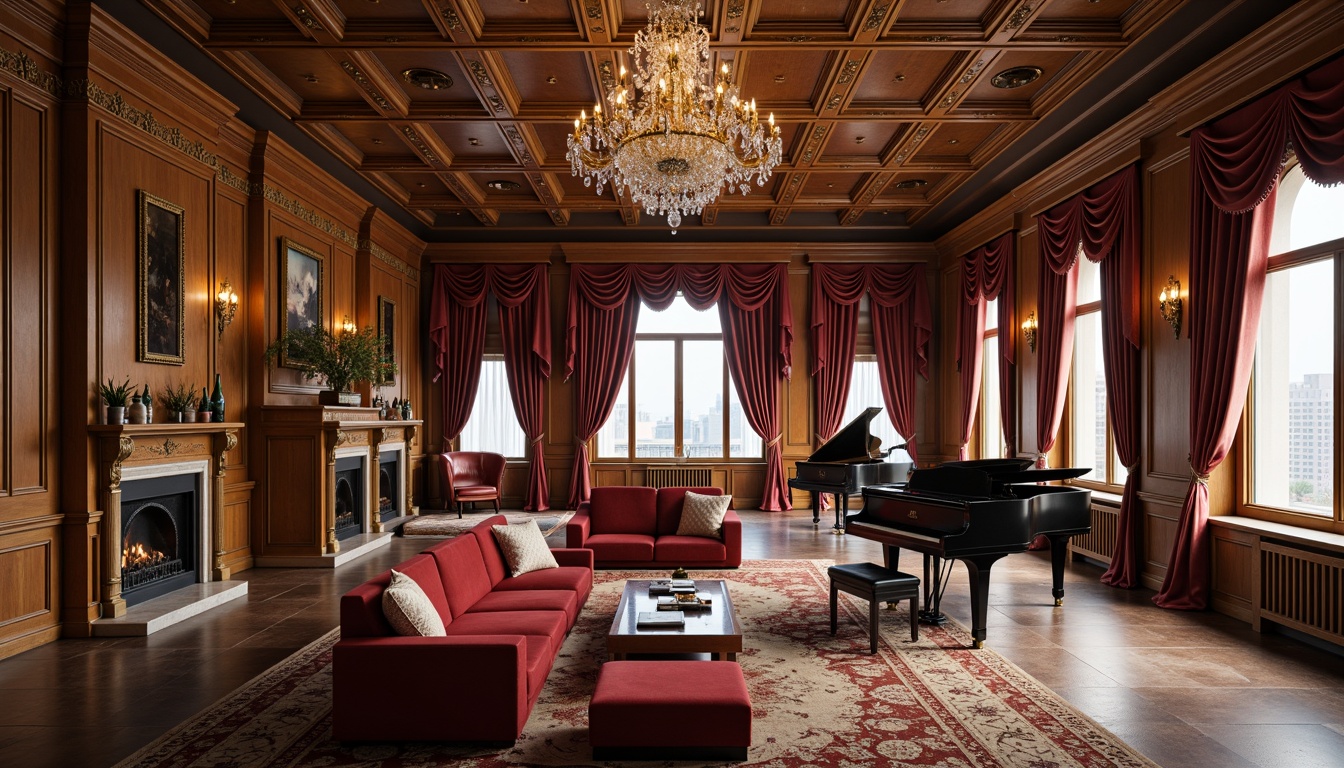 Prompt: Luxurious penthouse interior, classicism style, rich wood tones, ornate carvings, plush velvet upholstery, gilded accents, crystal chandeliers, grand pianos, lavish drapery, marble floors, intricate moldings, soft warm lighting, shallow depth of field, 3/4 composition, realistic textures, ambient occlusion.