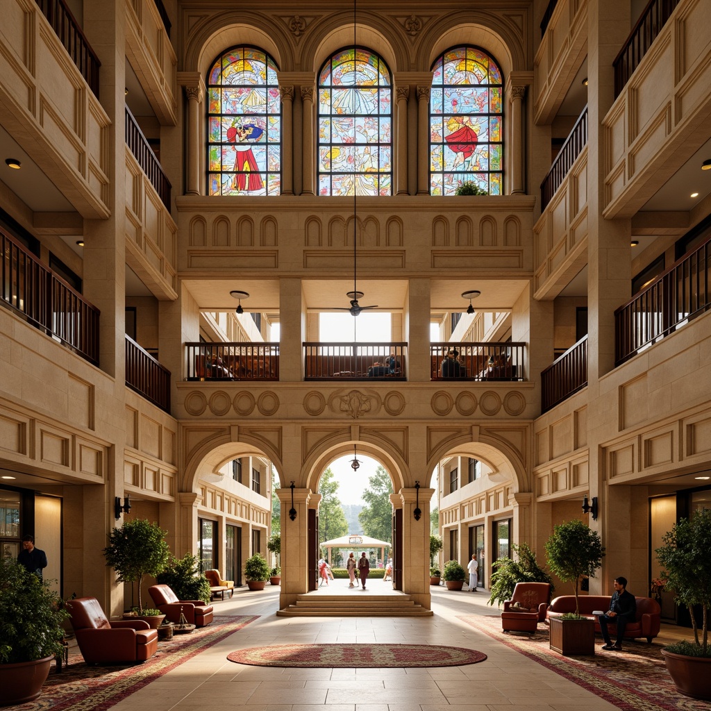 Prompt: Grand courthouse entrance, eclectic fa\u00e7ade, ornate stonework, majestic columns, vibrant stained glass windows, high ceilings, open atriums, natural light pouring in, warm beige tones, rich wood accents, plush furnishings, geometric patterns, intricate moldings, grand staircases, sweeping arches, soft warm lighting, shallow depth of field, 1/1 composition, realistic textures, ambient occlusion.