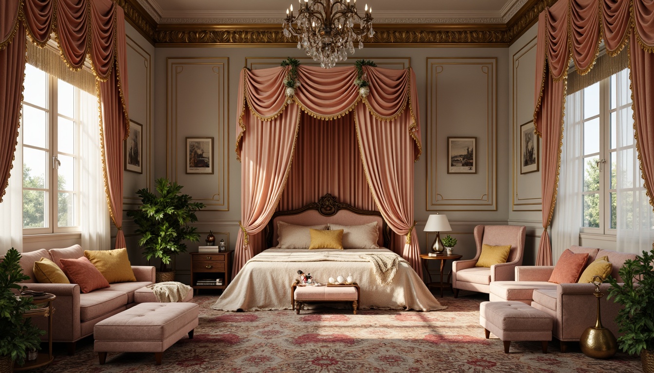 Prompt: Luxurious boudoir, ornate furnishings, rich velvet drapes, intricately patterned silk fabrics, golden accents, delicate lace trimmings, soft pastel hues, curved lines, whimsical motifs, French Renaissance inspiration, opulent upholstery, tufted ottomans, carved wooden furniture, crystal chandeliers, lavish decorative elements, subtle sheen, warm ambient lighting, shallow depth of field, 1/1 composition, realistic textures, ambient occlusion.