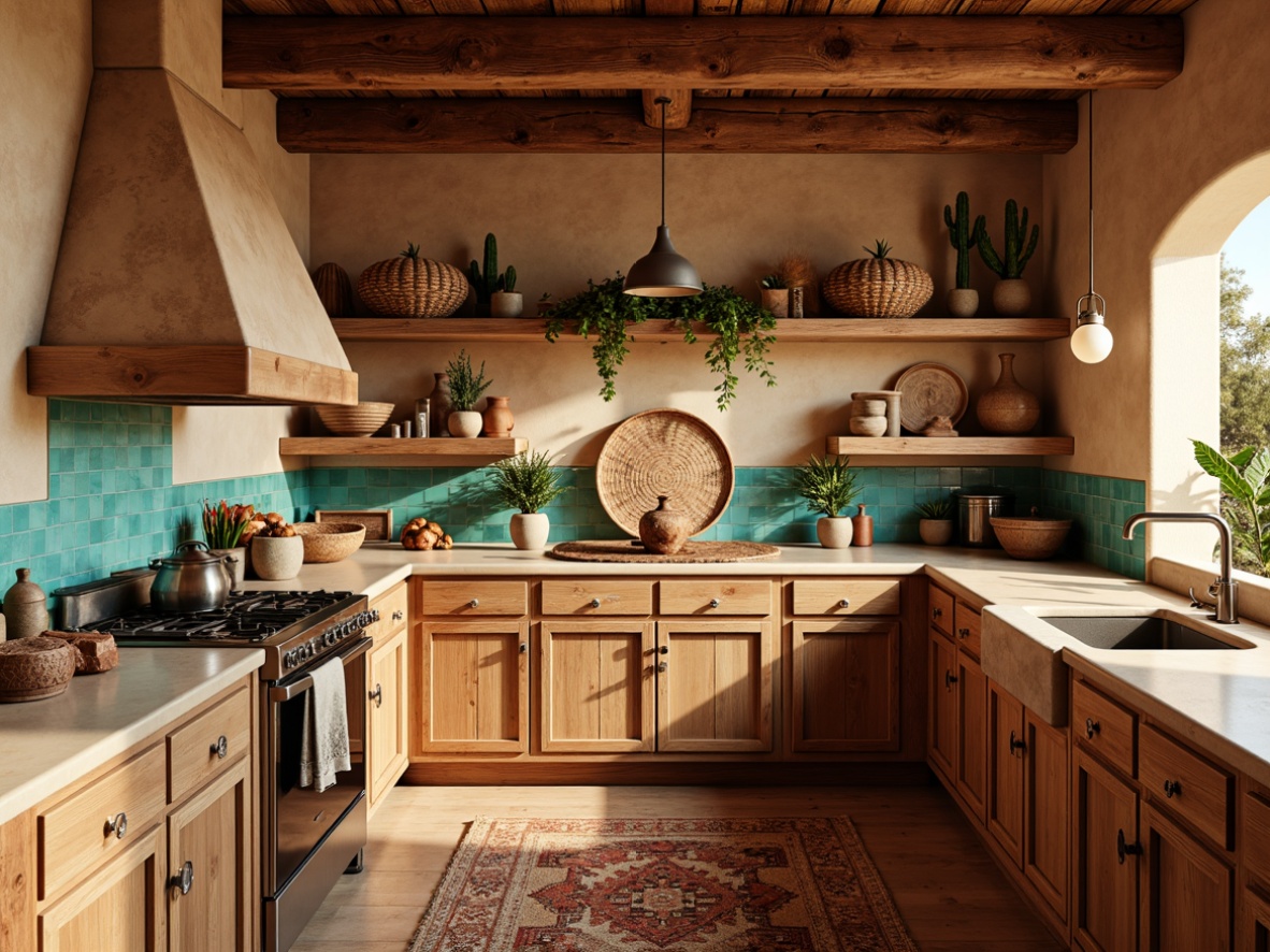 Prompt: Rustic southwestern kitchen, warm earthy tones, reclaimed wood cabinetry, distressed metal hardware, vibrant turquoise accents, terracotta tile backsplashes, woven textiles, natural stone countertops, pendant lighting fixtures, open shelving, woven baskets, desert botanicals, cactus plants, adobe-inspired architecture, warm golden lighting, shallow depth of field, 1/1 composition, realistic textures, ambient occlusion.