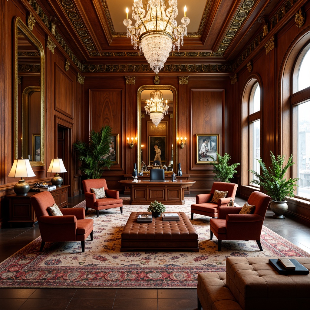 Prompt: Luxurious office, rich wood tones, ornate carvings, gilded accents, velvet upholstery, majestic furniture pieces, intricately patterned rugs, crystal chandeliers, grandiose architectural details, dramatic lighting effects, warm golden color palette, opulent textures, regal ambiance, stately executive desks, lavish conference tables, upholstered armchairs, tufted leather sofas, ornamental mirrors, extravagant decorative elements, 1/1 composition, shallow depth of field, soft warm lighting.