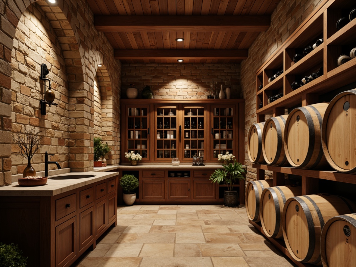 Prompt: Rustic wine cellar, earthy tones, wooden crates, stone walls, dim warm lighting, ambient shadows, rich wood shelving, distressed finishes, ornate metalwork, vintage wine barrels, antique wine-making tools, leather-bound wine books, soft candlelight, natural stone flooring, exposed brick arches, classic Craftsman architecture, elegant wooden doors, wrought iron hardware, warm beige colors, sophisticated storage solutions, refined display shelves, decorative wine glass holders, aged wood textures, atmospheric misting system.