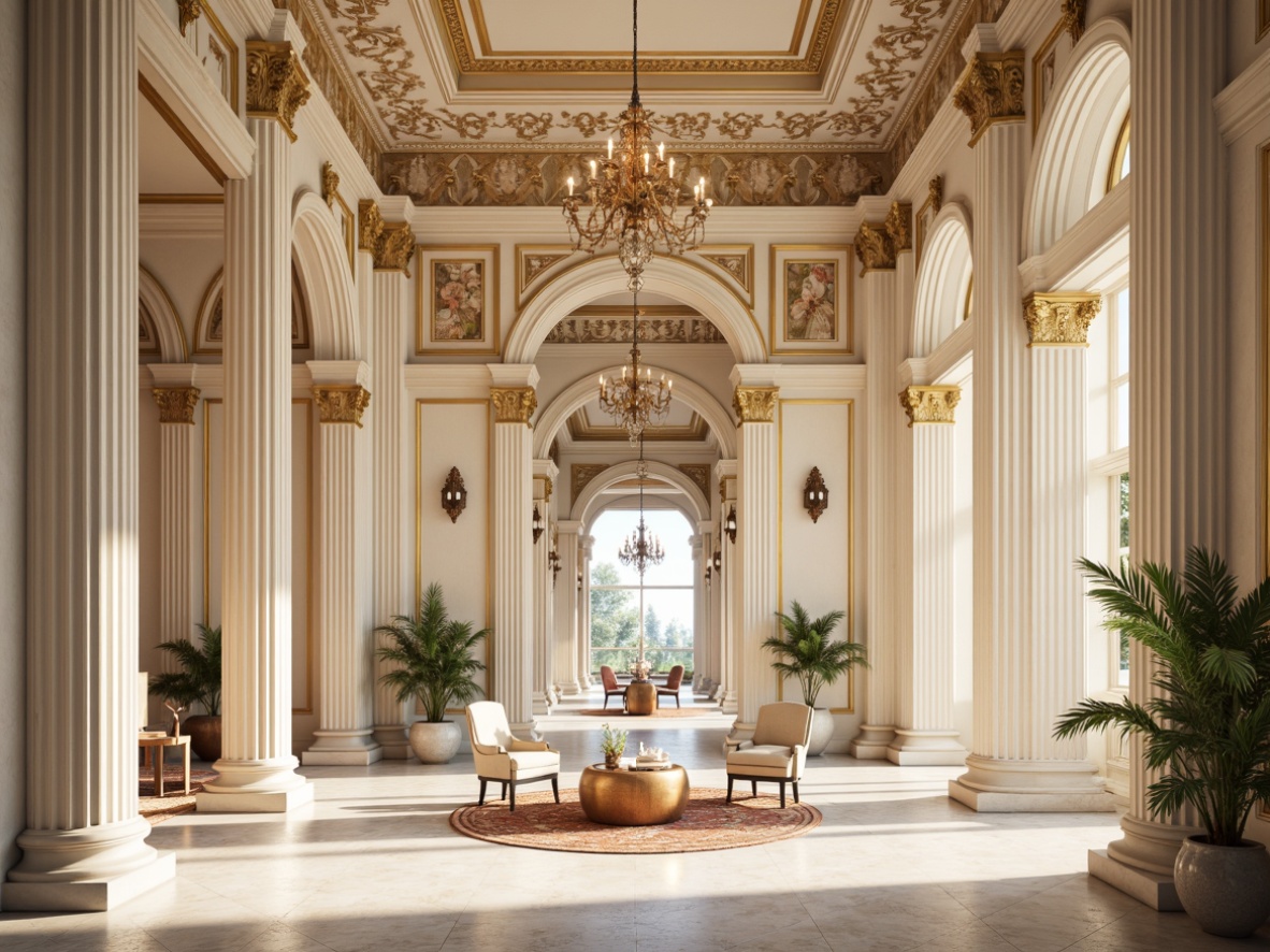 Prompt: Elegant neoclassical architecture, ornate columns, intricate carvings, soft warm beige, creamy whites, rich gold accents, muted earth tones, subtle pastel hues, opulent marble floors, grand chandeliers, lavish furnishings, refined ornamentation, symmetrical compositions, classical proportions, natural light pouring in, warm glow of candelabras, shallow depth of field, 1/2 composition, atmospheric perspective.