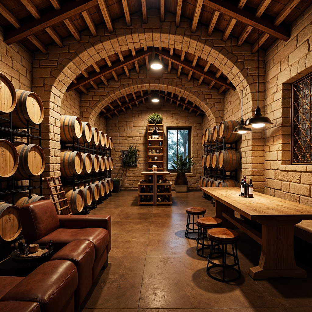 Prompt: Rustic craftsman wine cellar, reclaimed wood racks, earthy stone walls, dim warm lighting, wooden barrel heads, vintage wine barrels, natural brick arches, wrought iron decor, rich leather upholstery, wooden crates, wine tasting tables, pendant lanterns, rustic metal straps, wooden ladder, soft golden lighting, 1/1 composition, realistic textures, ambient occlusion.