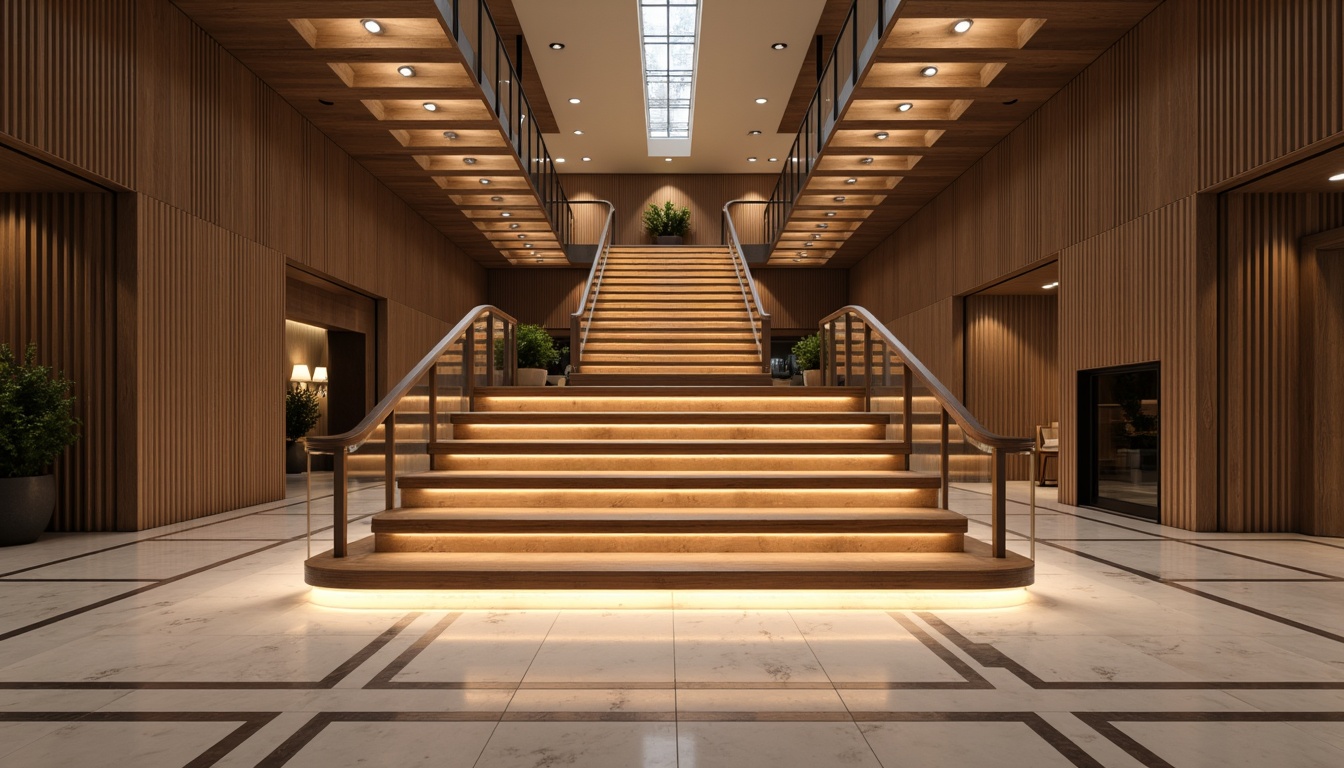 Prompt: Luxurious staircase, sleek metal handrails, rich wood treads, minimalist design, open risers, floating steps, modern LED lighting, ambient glow, polished chrome accents, geometric patterns, marble flooring, high ceilings, spacious landing, elegant curve lines, subtle color contrast, warm soft lighting, shallow depth of field, 1/1 composition, realistic reflections.