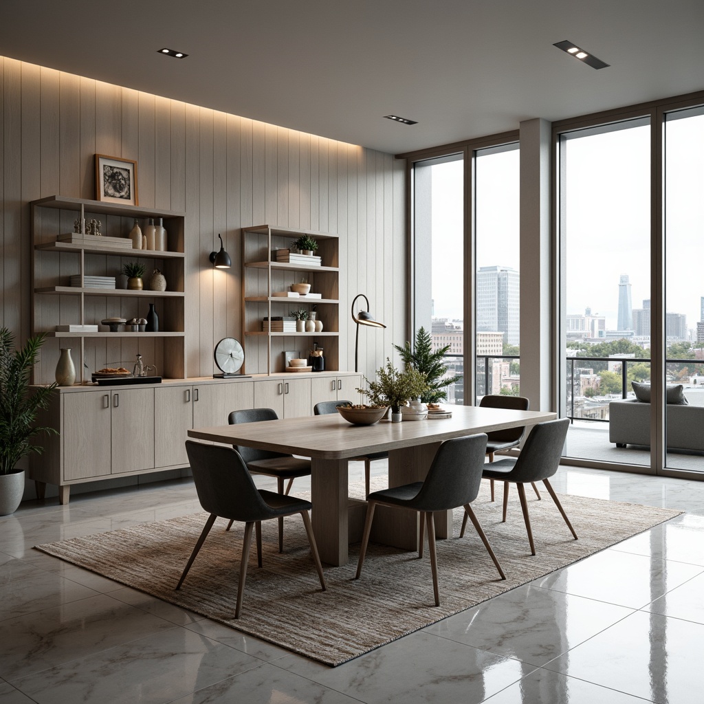 Prompt: Elegant modern dining room, minimalist decor, sleek lines, monochromatic color scheme, polished marble floors, metallic accents, geometric patterned rugs, Scandinavian-inspired furniture, wall-mounted shelves, floor-to-ceiling windows, natural light pouring in, urban cityscape view, soft warm lighting, shallow depth of field, 1/1 composition, realistic textures, ambient occlusion.